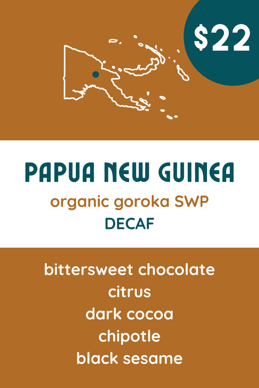 Papua New Guinea Goroka Organic SWP Decaf – Coconut Sugar, Chipotle Chocolate, Cocoa